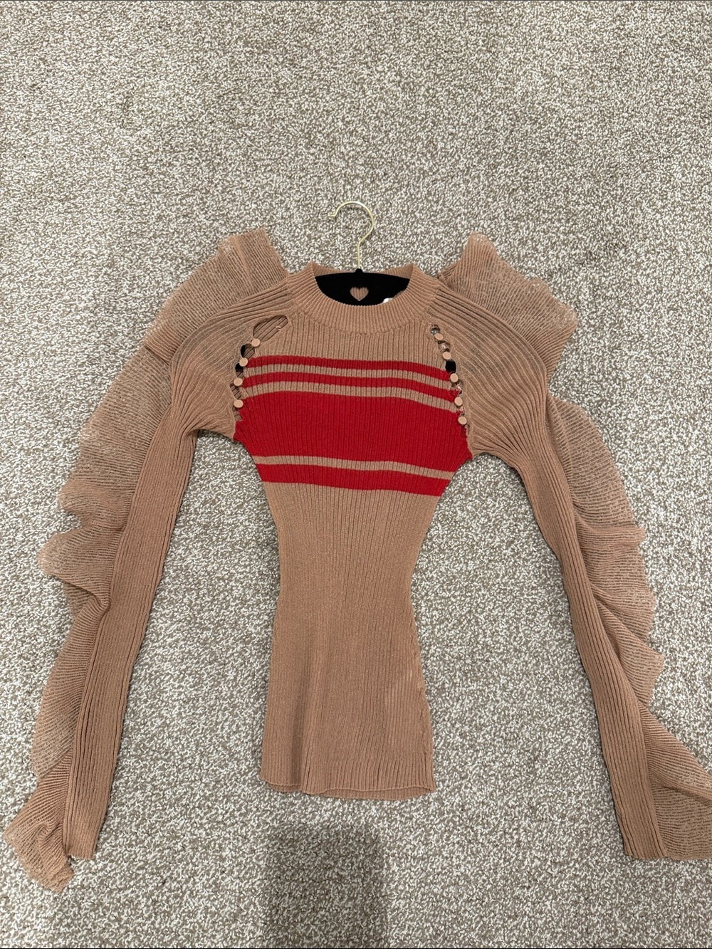 Self-Portrait Tan Knit Top with Red Stripe Accents
